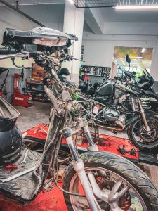 a motorcycle in a garage